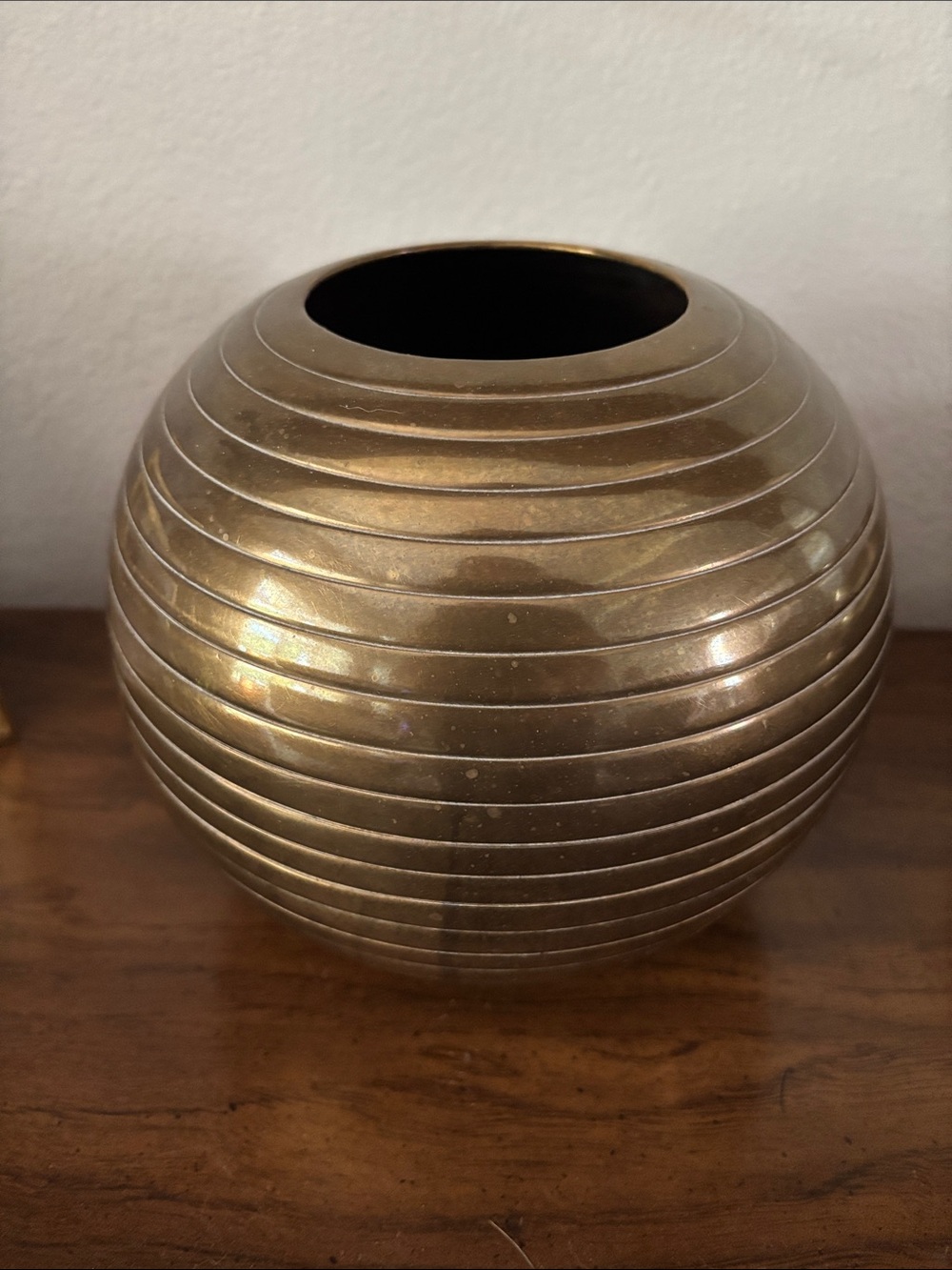 Vintage Brass Ribbed Round Decorative Vase